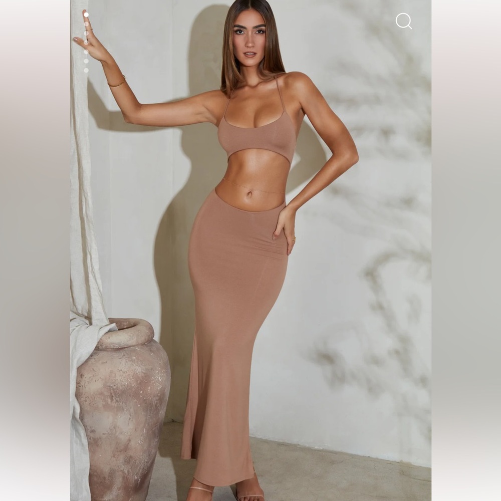 Oh Polly ALIDA Flared Hem Cut Out Maxi Dress in Tan